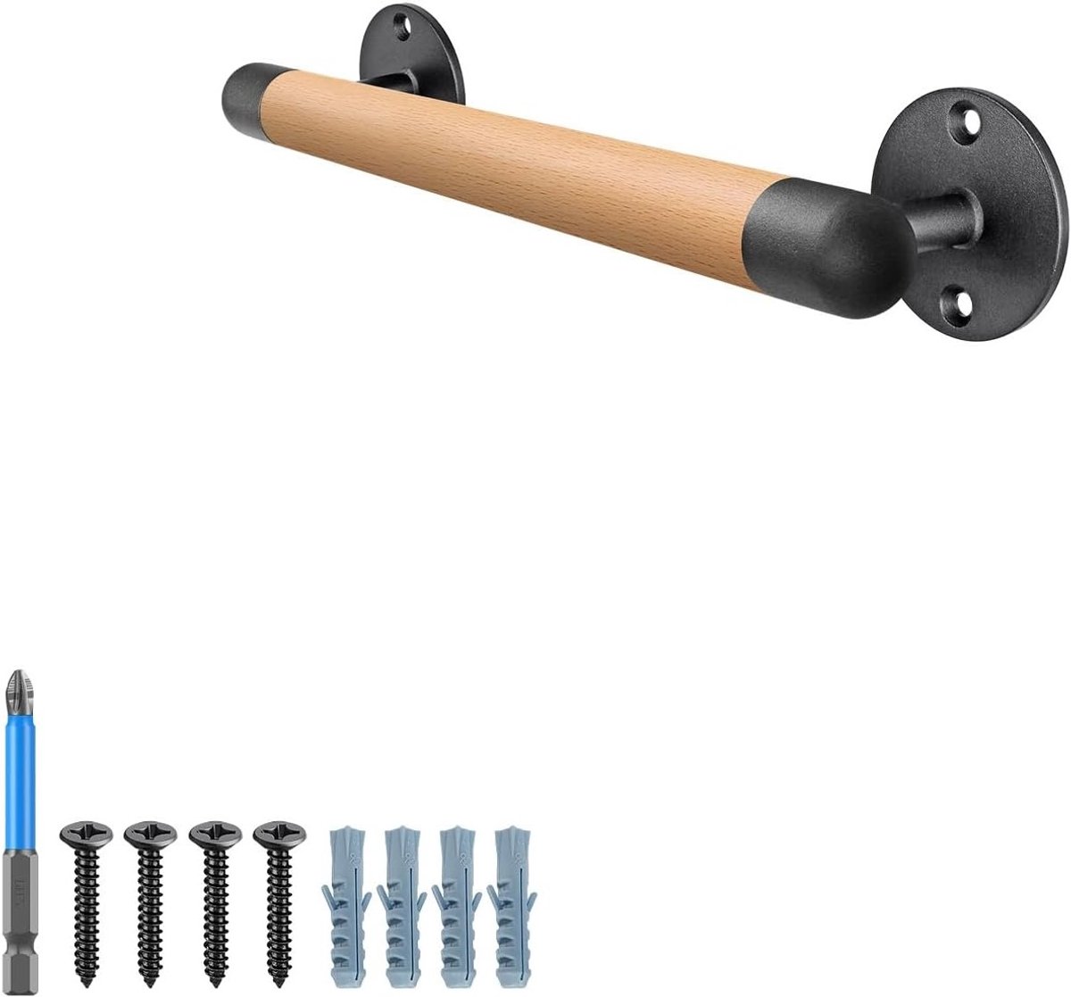 14 Inch Houten Trapleuning voor Droogbouw of Betonnen Montage met Stevige Metalen Basis, Barrièrevrije Trapsteun voor Ouderen, 1.3 Inch Rond, Veiligheid en Comfort