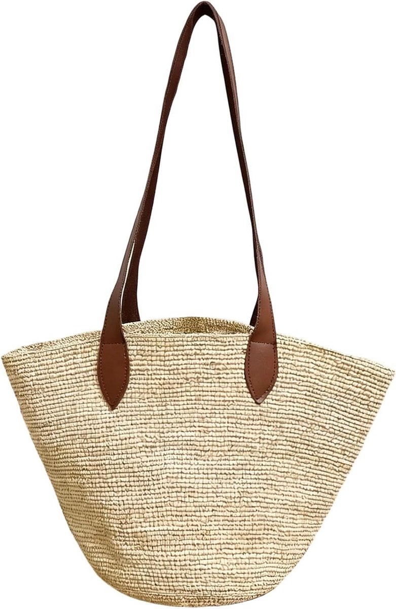 Strandtas Raffia - Gehaakte tas - Vakantie reizen - Leren handvatten - Klein - Beige wit