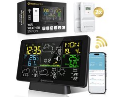 Station météo MostEssential Édition Wifi - Station météo sans fil avec capteur extérieur - Hygromètre - Intérieur et extérieur - Portée de 150 mètres - Application incluse - Zwart - 2 capteurs