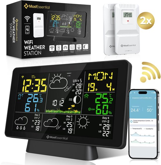 MostEssential Weerstation Wifi Edition - Plug & Play Installatie - Draadloos - Weerstation met Buitensensor - Hygrometer - Binnen en Buiten - 150 Meter Bereik - Inclusief App - Zwart - 2 sensors