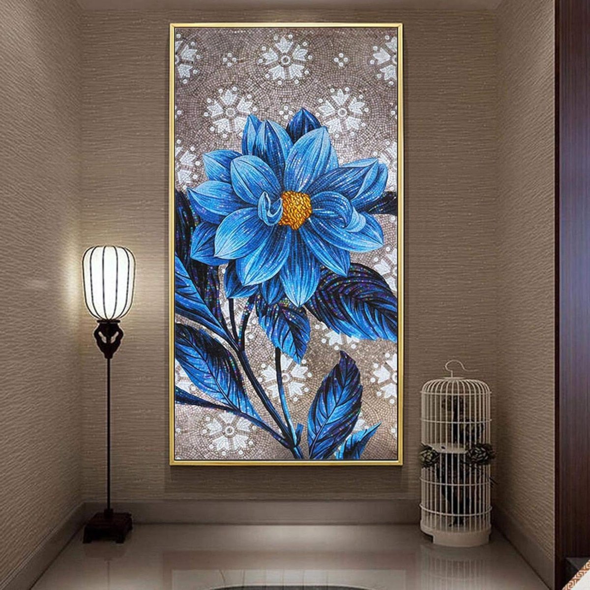 Canvas muurkunst - Abstract schilderij - Woonkamer decoratie - Goudkleurig frame - 80 x 160 cm - Blauw