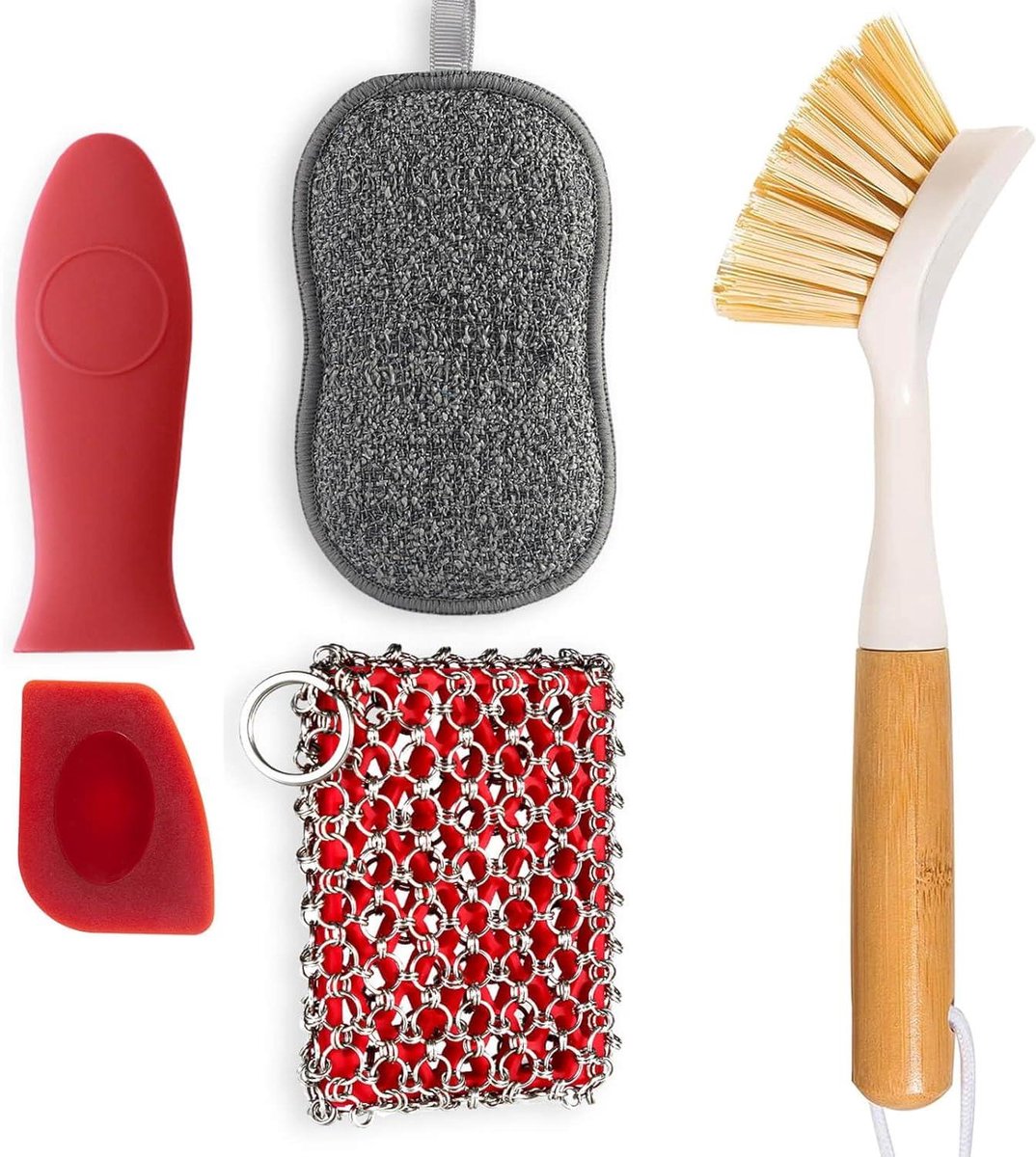 Gietijzeren Schrobbers - Kettingmail Reiniger - Keuken Reinigen - Voedselveilig Materiaal - 4 Stuks - Rood