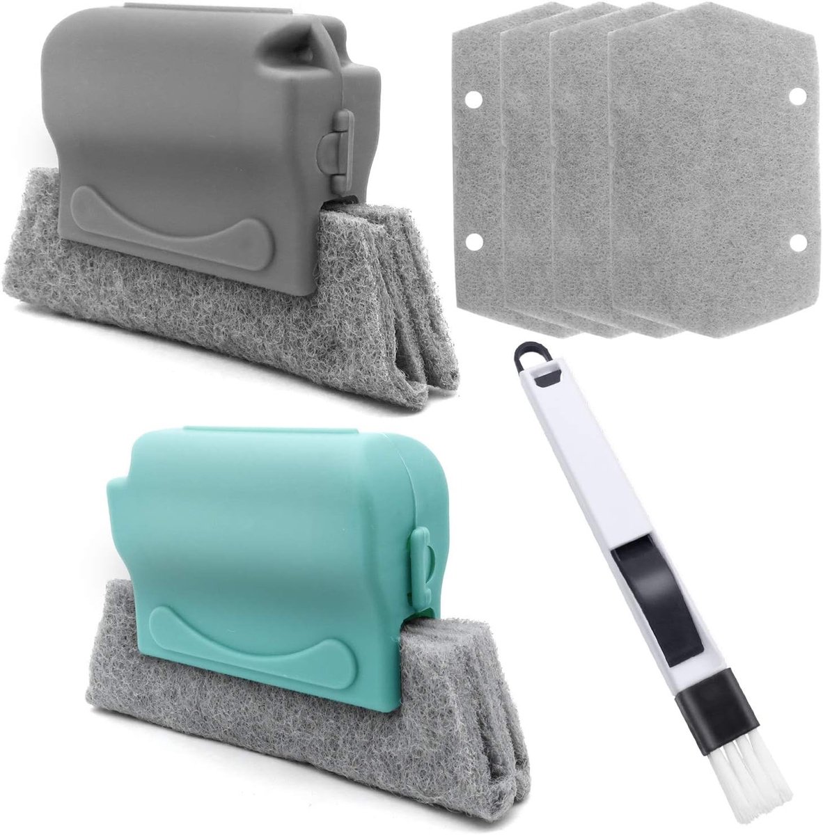 Set van 2 Creatieve Reinigingsborstels voor Kieren met 4 Vervangende Reinigingsdoeken en 1 Multifunctionele Stofpan, Ideaal voor Keuken, Deuren en Raamrails