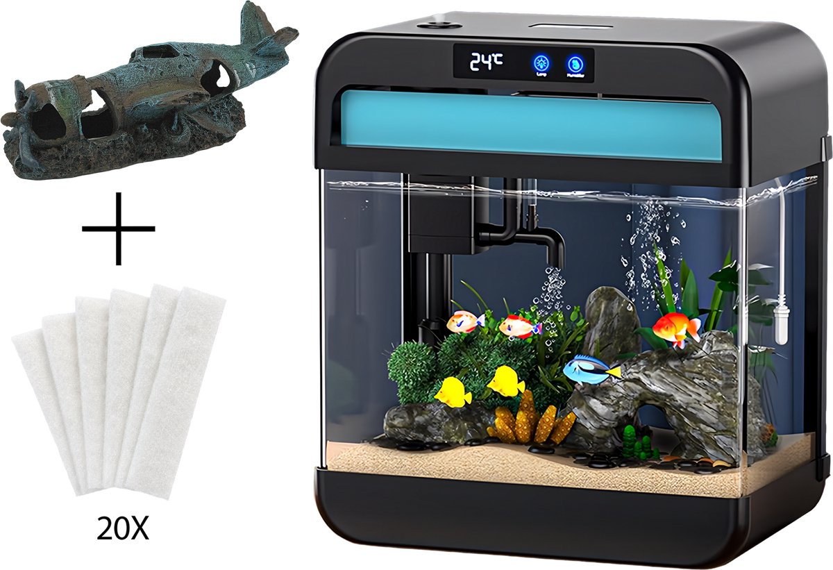 AquaImpact Premium Zelfreinigend Aquarium 26 L – Vliegtuig - 20 Filters - Decoratie - Set met 3‑in‑1 Pomp - LED & Touch Display – Timer & Dim Functie - Incl. Luchtbevochtiger - Garnalen Aquarium