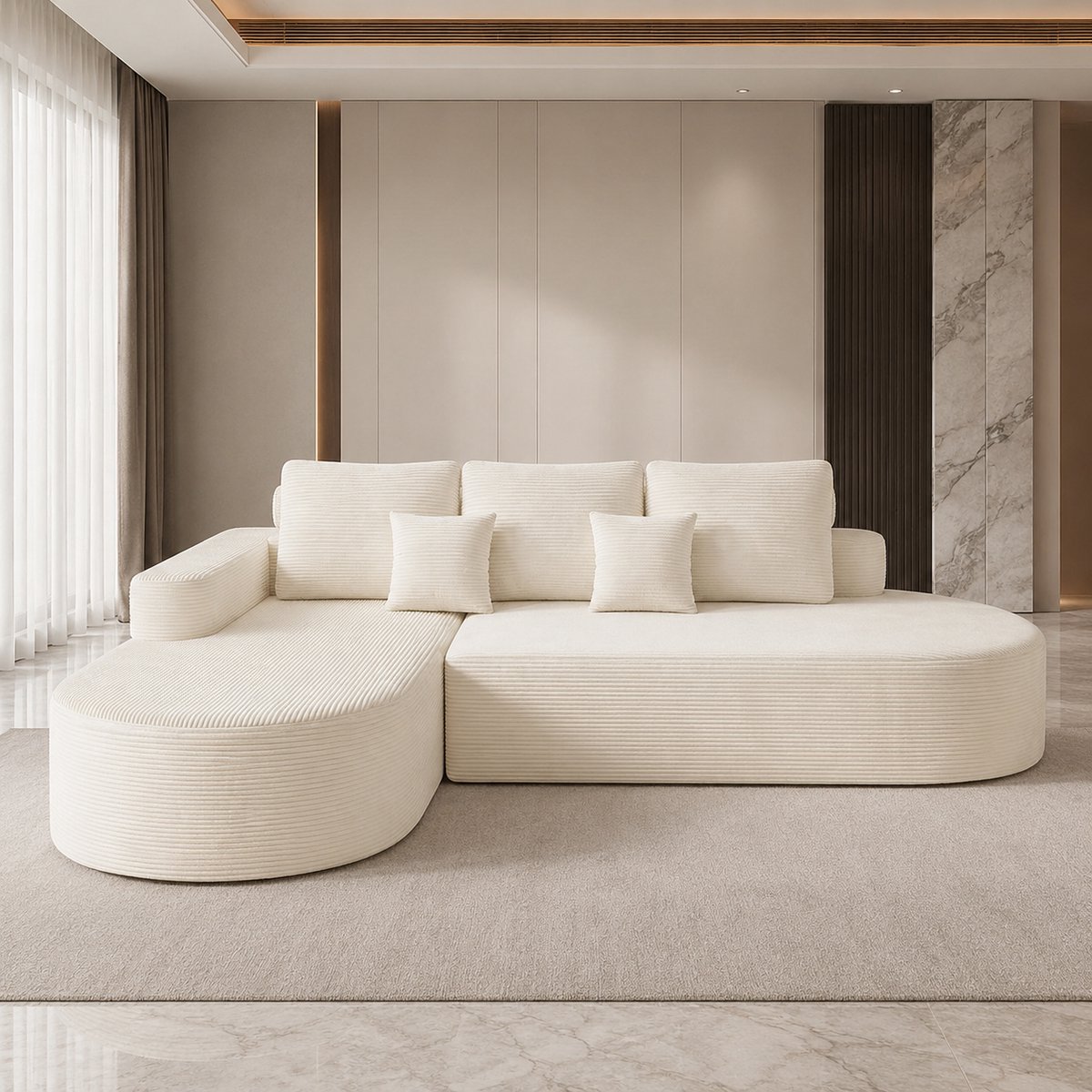 Luxe Hoekbank met Slaapfunctie 285 cm - Beige Corduroy L-Vorm 3-Zits Woonlandschap met Chaise Longue - NoviHomeStore