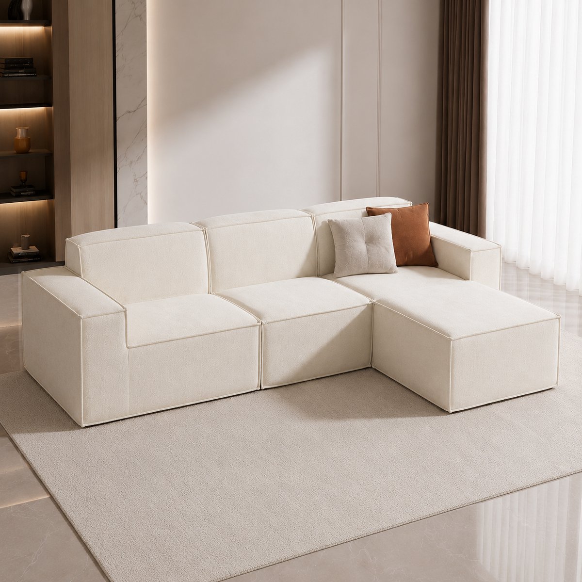 Luxe Modulaire Hoekbank met Slaapfunctie 266 cm L-Vorm | Chenille Bouclé | 3-Zits met Ottomane | Beige – NoviHomeStore