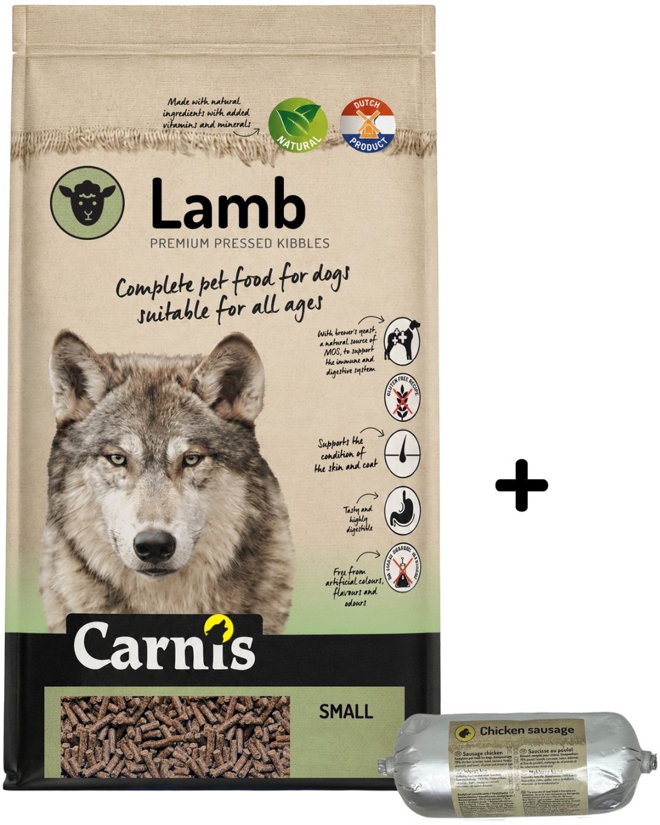 Carnis Carnis Lamb Small geperst hondenvoer 12,5 kg + Gestoomde worst kip 200gr - Hond