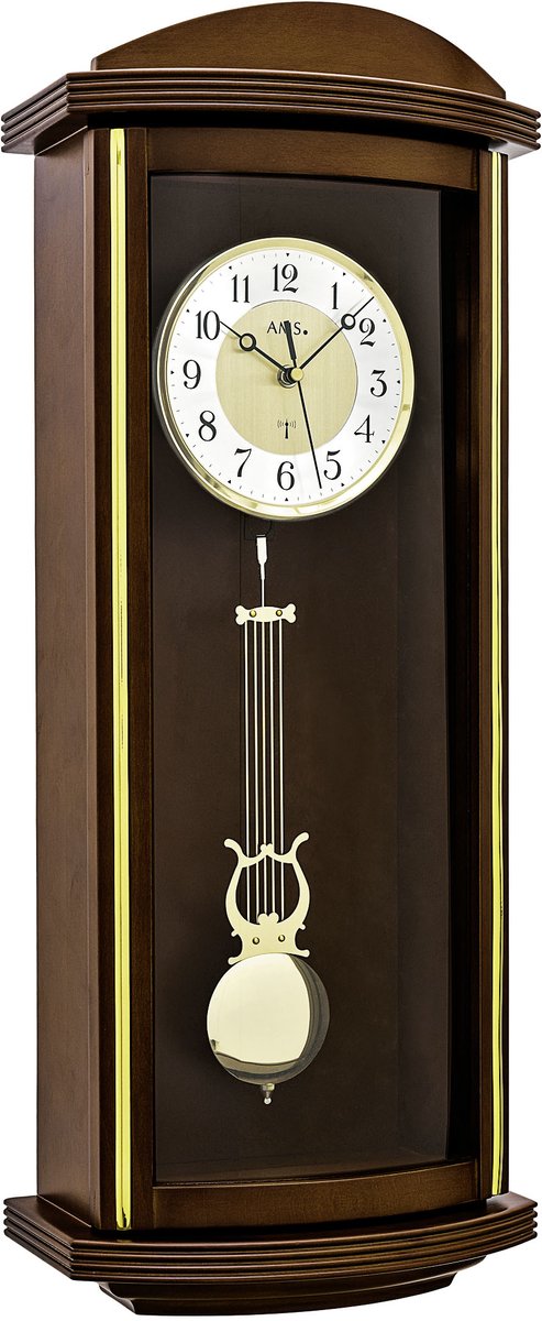 AMS Wandklok Radiogestuurd 5015/1 • Noten gelakt houten klok met slinger en met Westminster slag - 66cm x 26 cm