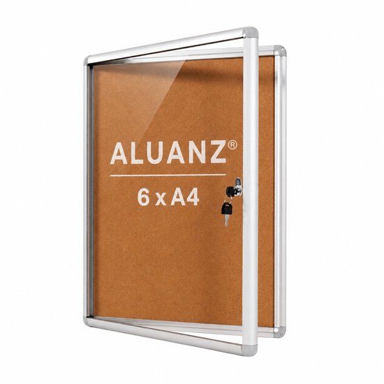 NIEUW: 6 x A4 Formaat Afsluitbare Vitrinekast met Kurken Achterwand - ALUANZ - Postervitrine, Wandvitrine, Notitiebord, Binnenvitrine, Muurvitrine, Mededelingenbord met slot
