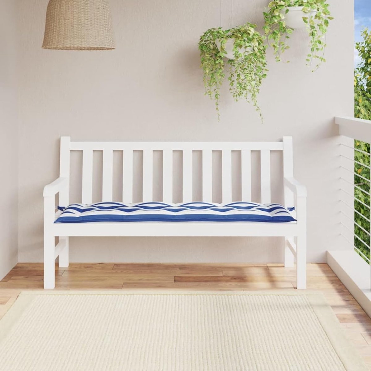 Tuinbank Kussen - Zitkussen Bank - Comfortabel Zitten - Waterafstotende Stof - 150x50x7 cm - Blauw Wit Gestreept