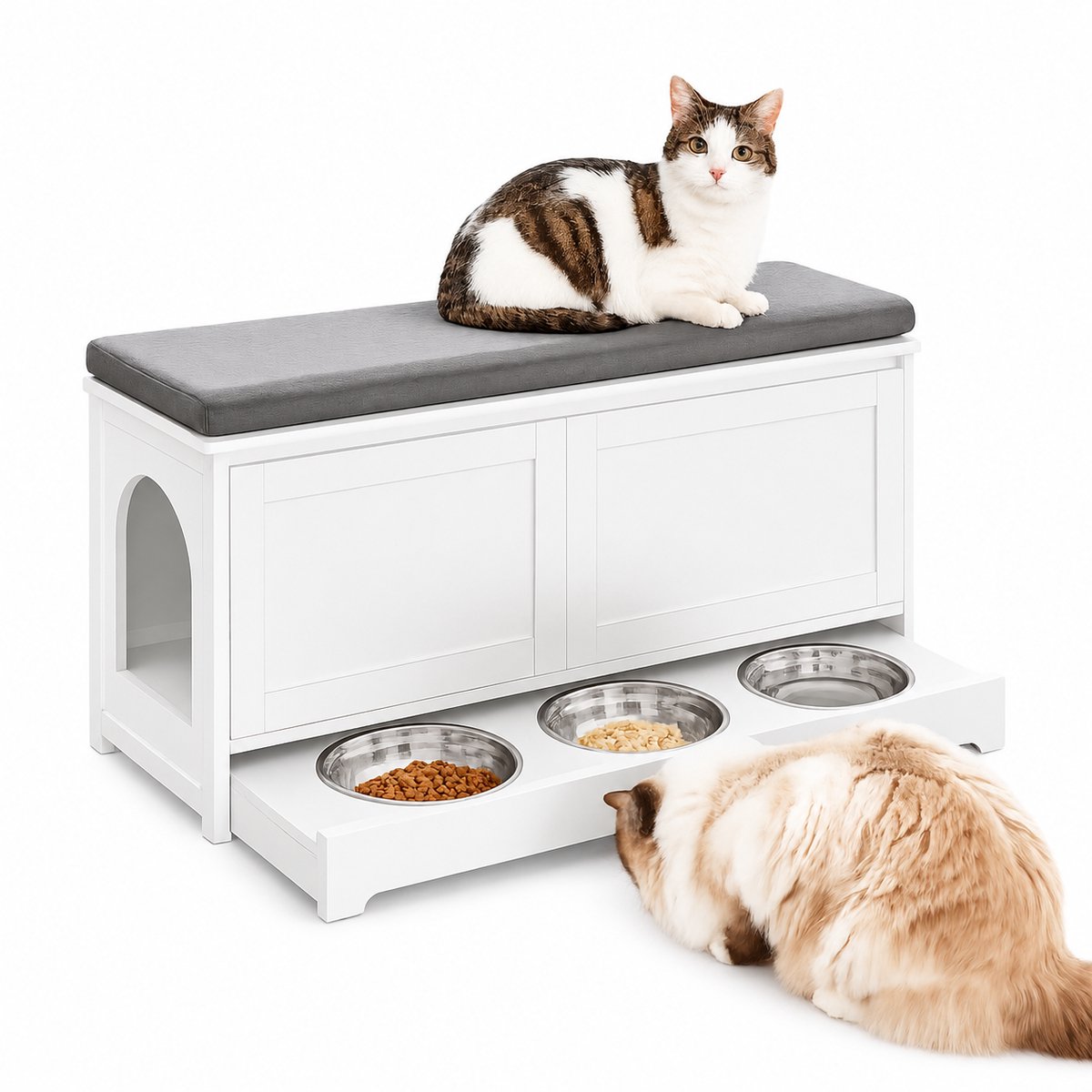 NordPaw® Kattenbak Meubel met Opbergbank en Voerstation - Verborgen Kattenhuis met Zitkussen, 3 RVS Voerbakken en Opbergruimte - Wit - 90 x 36 x 44 cm van NordPaw®