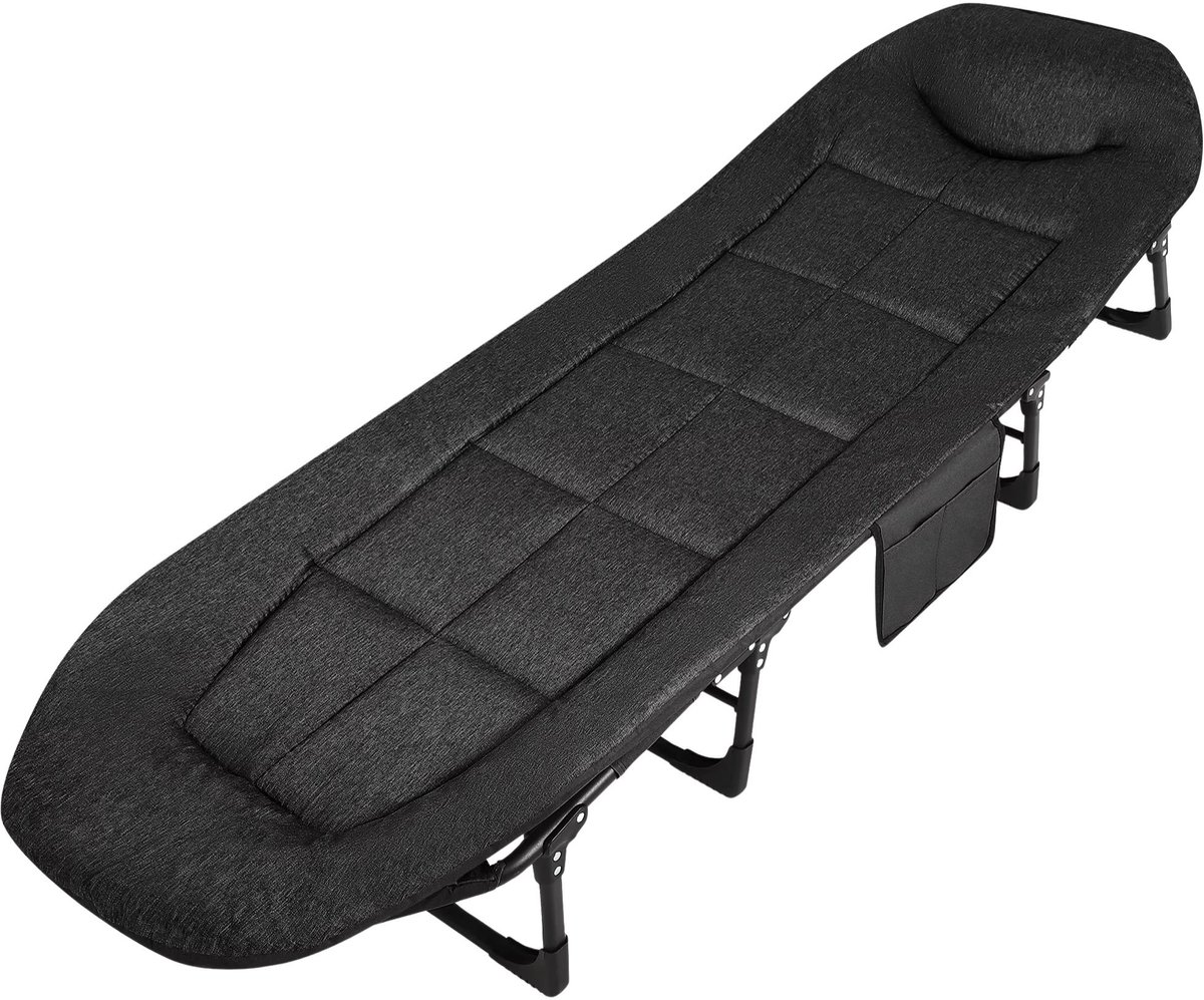 Opklapbaar Veldbed 190 cm - Met Kussen en Hoofdkussen - voor camping en binnen/buiten - Zwart Metaal Frame - Grijs 200 cm