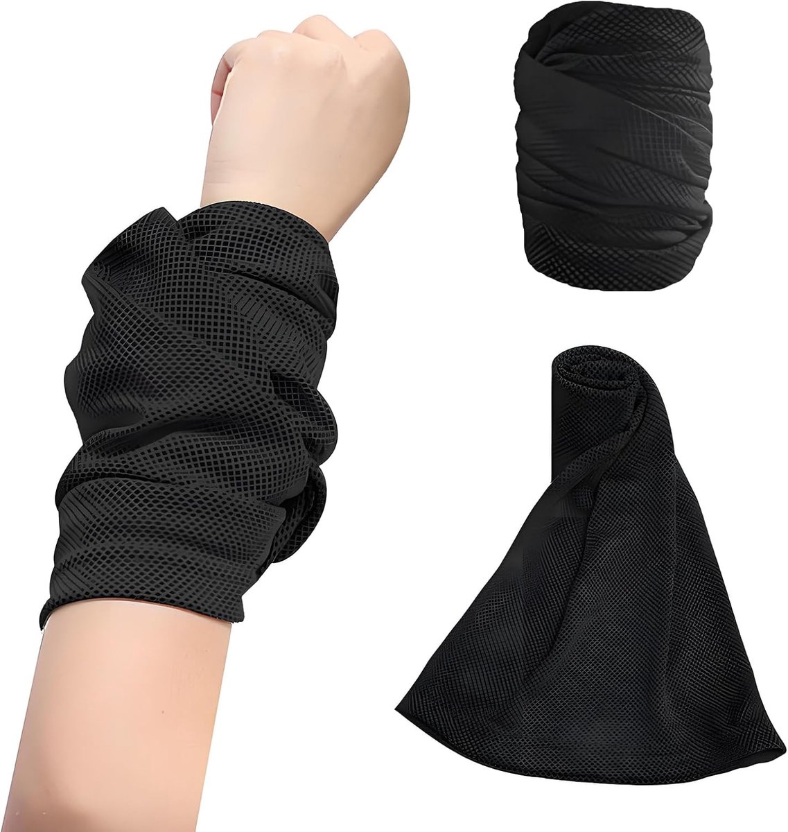 Koelhanddoek - 1 paar - Polszweetbanden en Koeldoek - 2 stuks - Microvezel Koelband - Zweetabsorberend en Ademend - Geschikt voor Yoga, Hardlopen, Fietsen en Tennis - Uniseks Sportaccessoires - Zwart