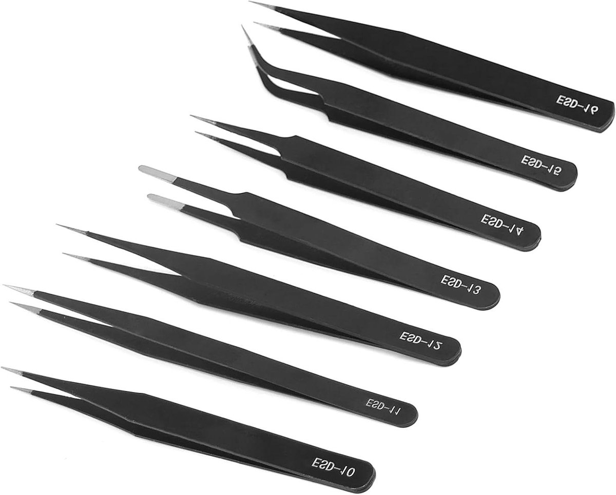 Precisie Tweezer Set - Anti-statisch Pincet - Elektronica Reparatie - Roestvrij Staal - 7 Stuks - Zwart Metallic