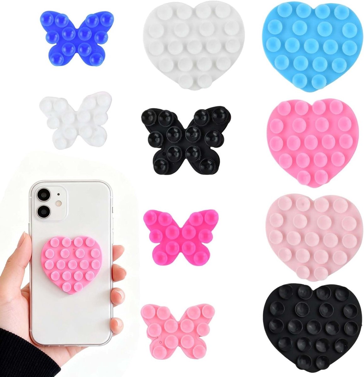 10 Stuks Silicone Telefoon Grip Pads, Universele Zuignap voor Smartphones, Antislip Houder voor Muur en Glas, Inclusief Hart- en Vlinderontwerpen in 5 Kleuren