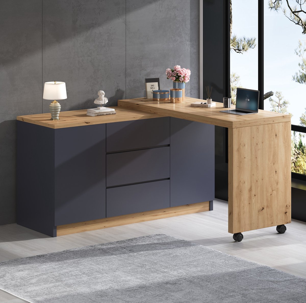 FloraGrace Bureau - Draaibaar Inklapbaar Hoekbureau Met 2 Deuren En 3 Lades - Voor Werkplek En Opbergruimte - Spaanplaat - 120x50x76,5 Cm - Grijs Eiken