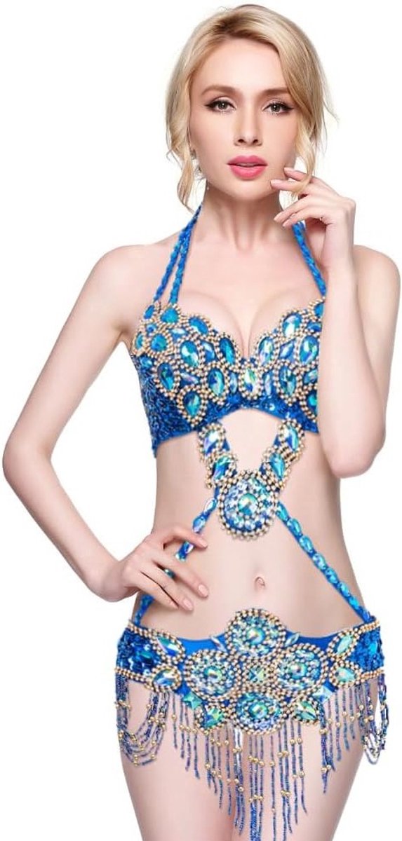 Belly Dance Kostuum voor Vrouwen met Shiny Zilveren Bh en Ceintuur - Plus Size Flamenco Outfit voor Carnaval en Dansfeesten