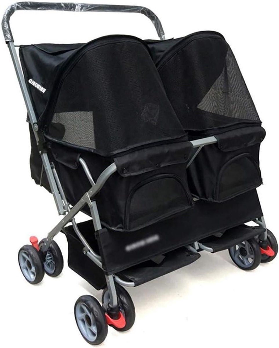 Dubbele Hondenbuggy - Reiswagen Huisdier - Comfortabel Reizen - Twee Zitplaatsen - 4 Wielen - Zwart