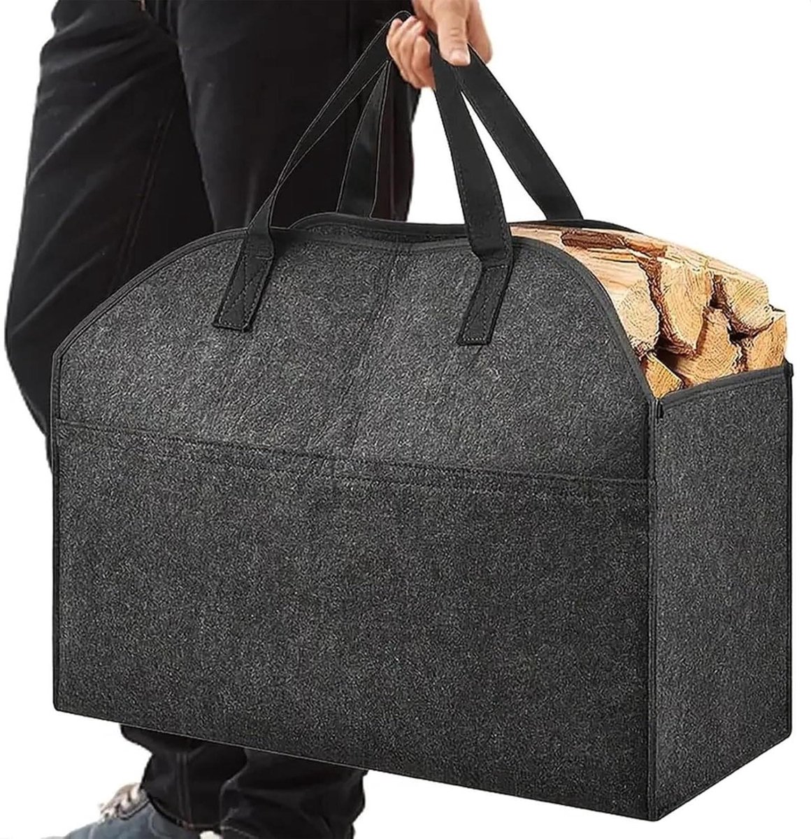 Brandhoutmand - Draagtas Vilt - Haard Hout Opslag - Robuuste Handgrepen - 55.8 cm - Grijs