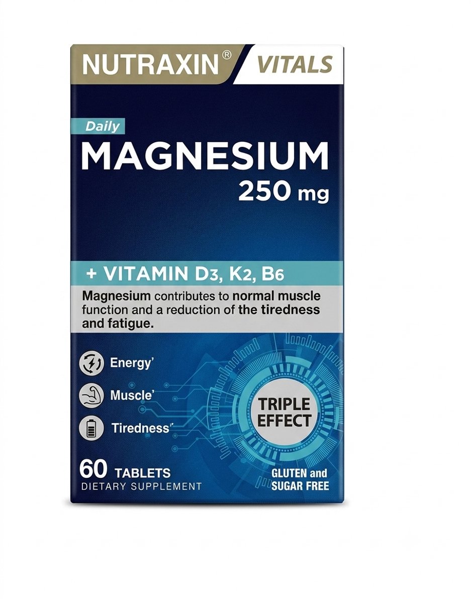 Nutraxin Magnesium 250 mg - Met Vitamine D3, K2 & B6 - Triple Effect - Energie & Spieren - 60 Tabletten