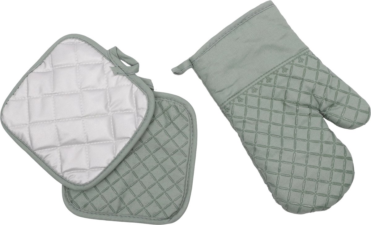 Set van Ovenwant & Pannenlappen - Primecook - EcoSlice saliegroen - antislip grip - hittebestendig tot 260°C - 3-delig