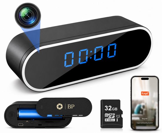 Zwarte spionagecamera in klokvorm met blauw digitale tijd, micro-sd kaart en smartphone app.