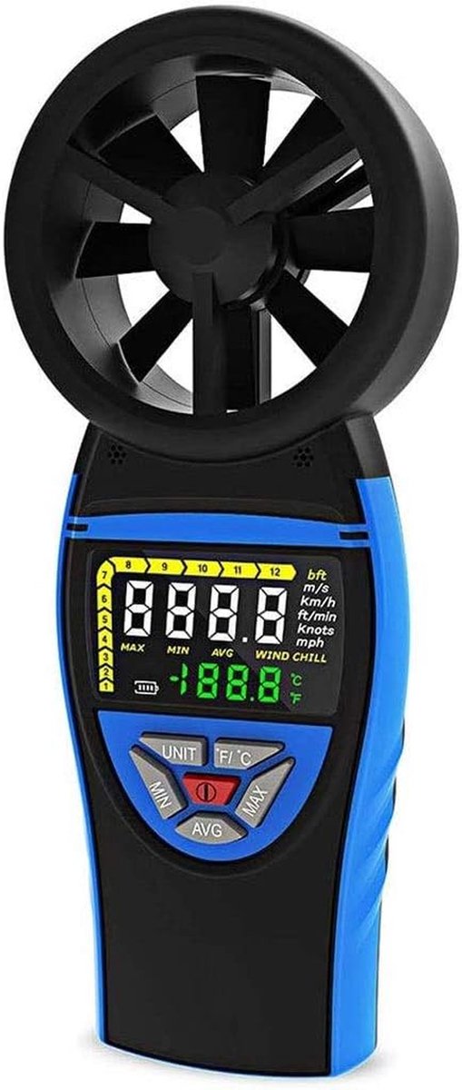 Windmeter Temperatuurmeter - Luchtstroommeter Meetinstrument - Buitenactiviteiten Meten - Draagbaar LCD Display - 21 cm - Zwart