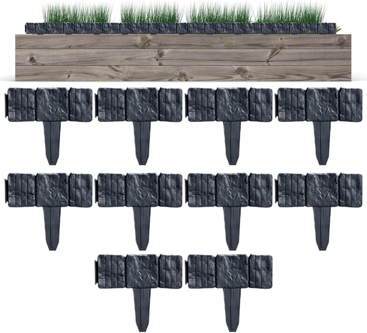 Tuinrand Kunststeen - Decoratieve Rand Steenlook - Gazonranden Creëren - Weerbestendige Constructie - 10 Panelen - Zwart