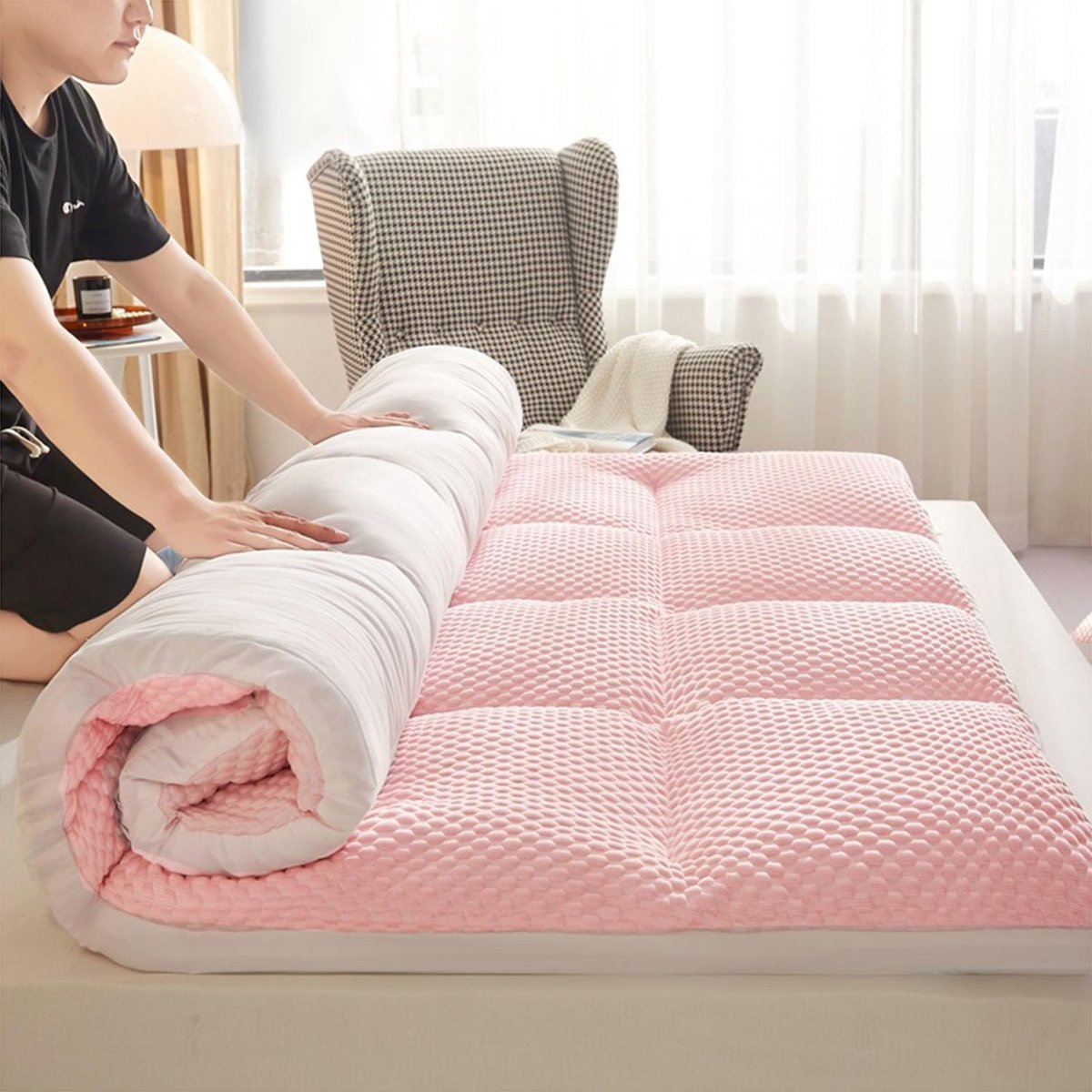 Japanse Futonmatras - Vloermatras Opvouwbaar - Comfortabel Slapen - Huidvriendelijk Katoen - 150 x 200 cm - Roze