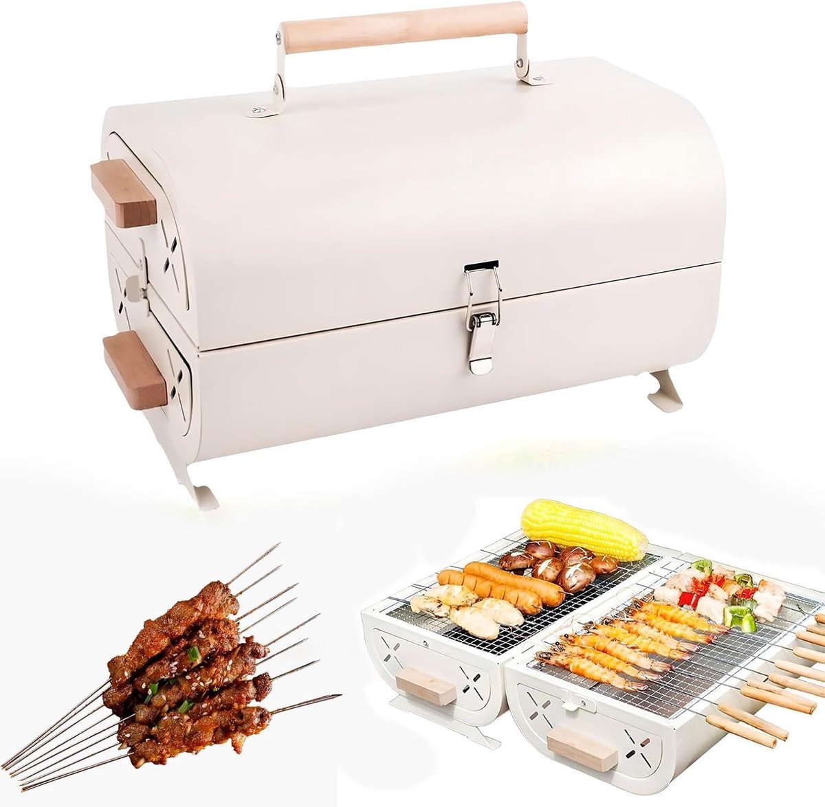 Draagbare Grill Opvouwbare BBQ Buiten Koken Dubbelzijdige Grill Voor 4-8 personen Wit