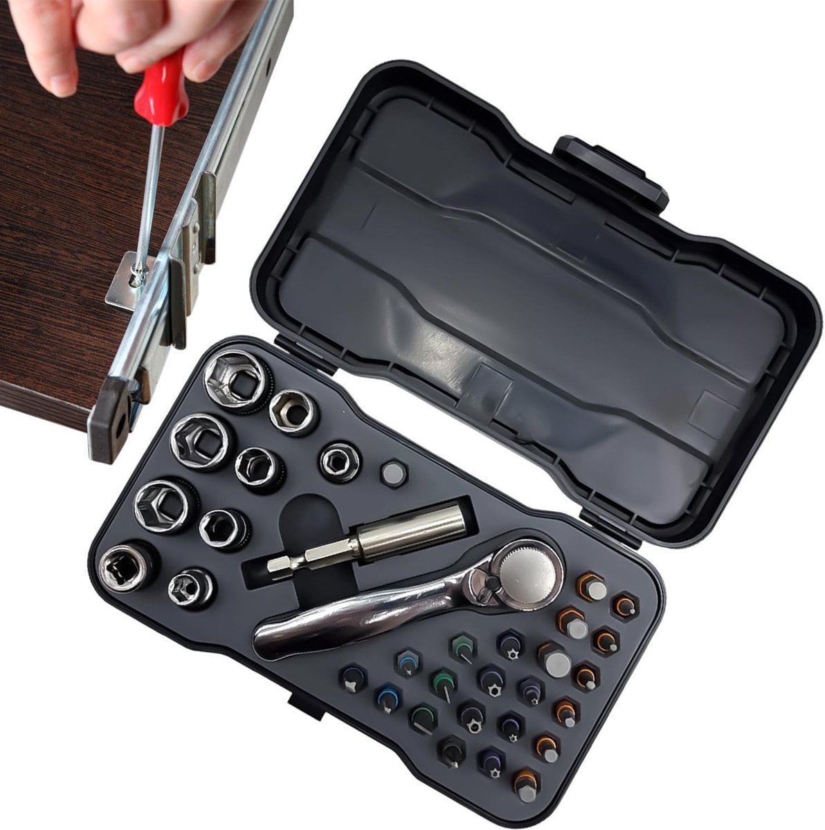 Ratel Schroevendraaier Set - Multi Bit Tool - Doe-het-zelf Reparatie - 34-in-1 Universeel - Compact Ontwerp - Grijs