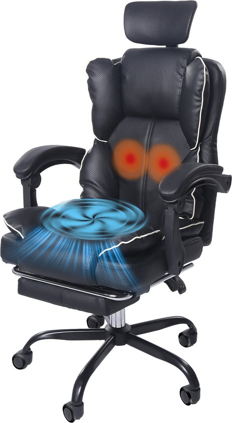 Zwarte ergonomische stoel met geventileerde zitting en massagefunctie.