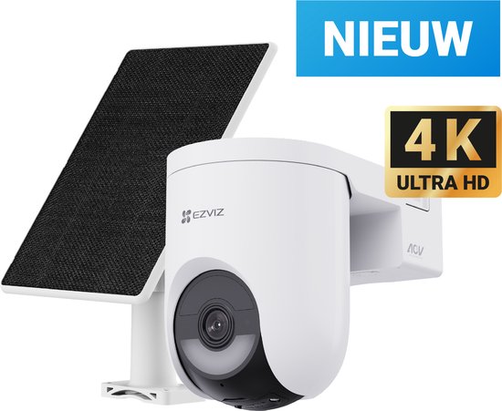 Witte EZVIZ bewakingscamera met zonnepaneel, 'NIEUW' en '4K ULTRA HD' logo's.