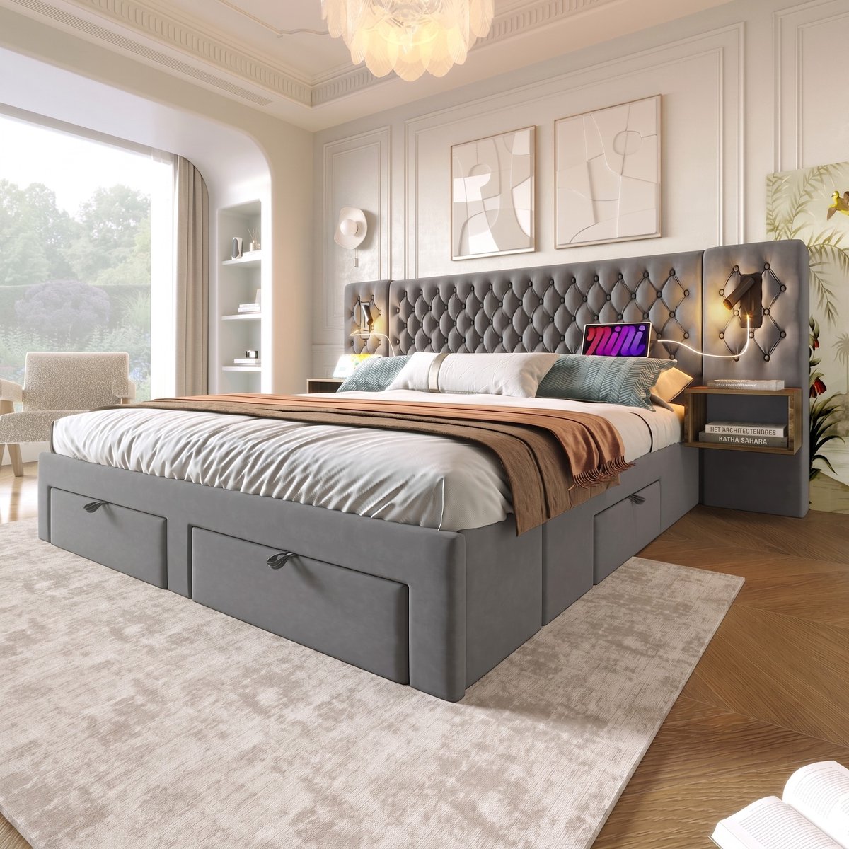 VVBV Tweepersoonsbed 160x200 / Gestoffeerd bed – met Opbergruimte, Lades, USB – 4 Lades – Hoofdbord – Fluweel – Grijs – Zonder Matras Gray