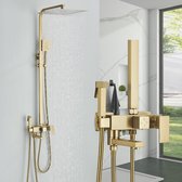 Geborsteld Goud Douchesysteem met 12" Vierkante Regenhoofddouche - 4 Waterfuncties, Handdouche, Onderuitloop & Douchepistool, Complete Badkamer Doucheset