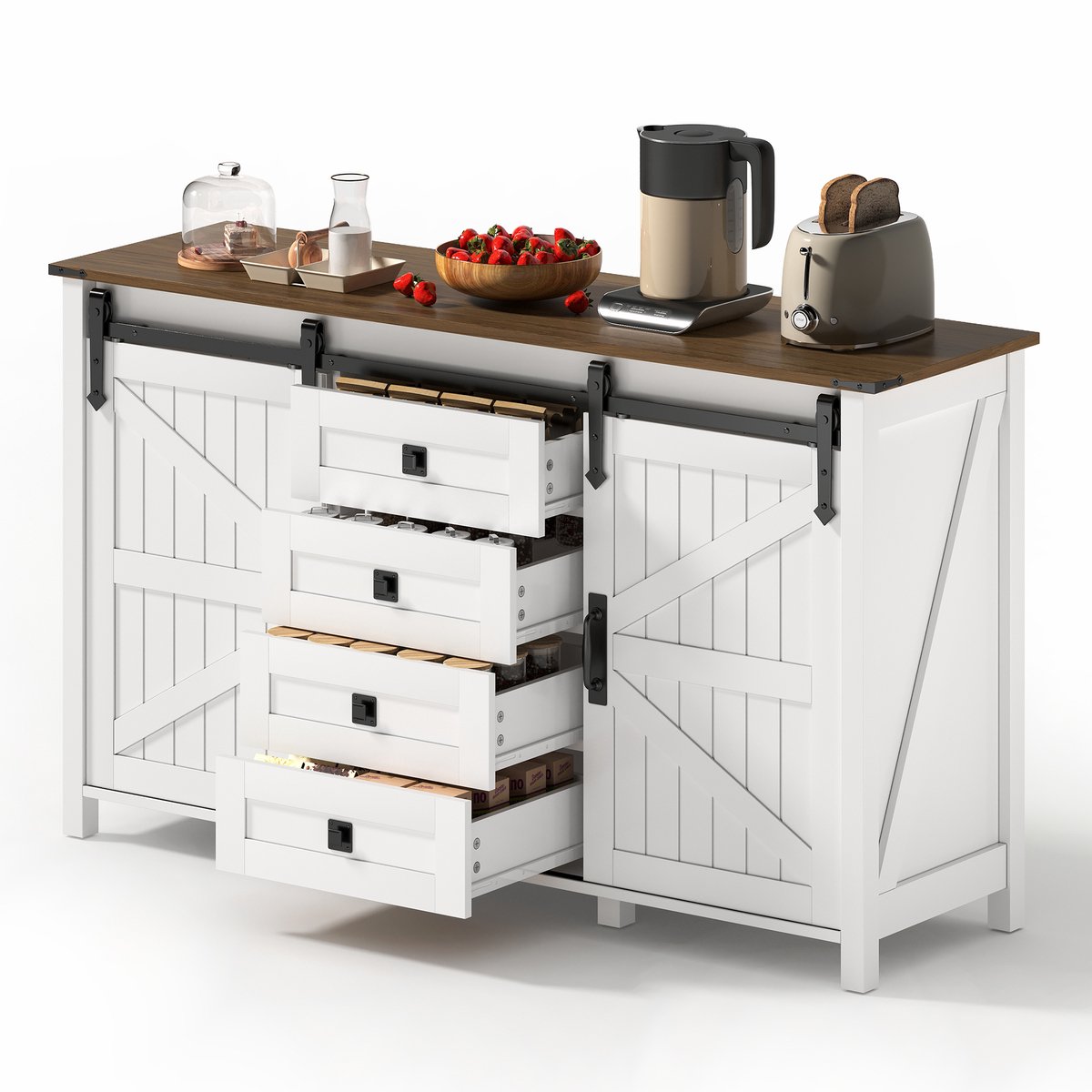 Keukenbuffet Dressoir - MDF Hout met 4 Laden en 2 Schuifdeuren - Wit