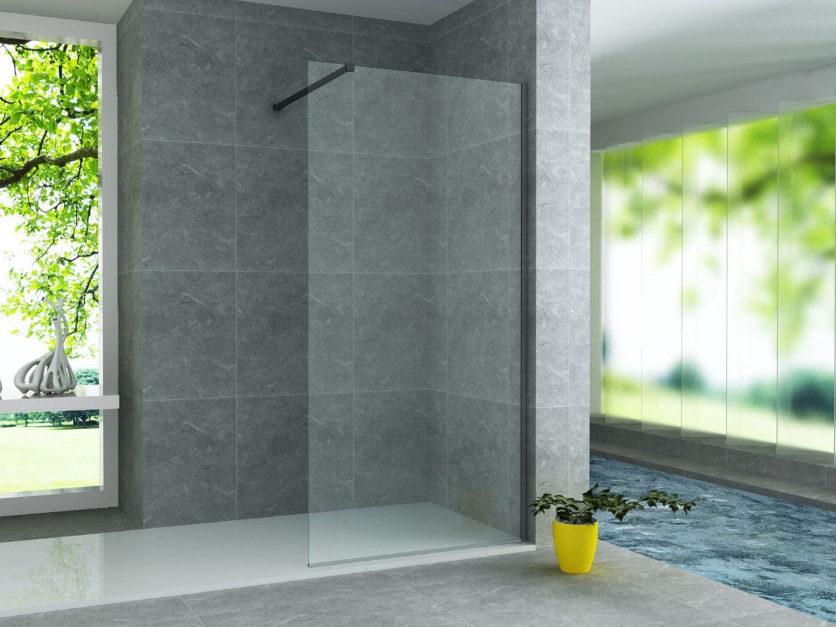 Zimmer Inloopdouche Douchewand 140 x 200 cm – Helder 8 mm Veiligheidsglas – Mat Zwarte Profielset – Extra Breed Design – Antikalkcoating – Inclusief Stabilisatiearm – Luxe Walk-in Douche