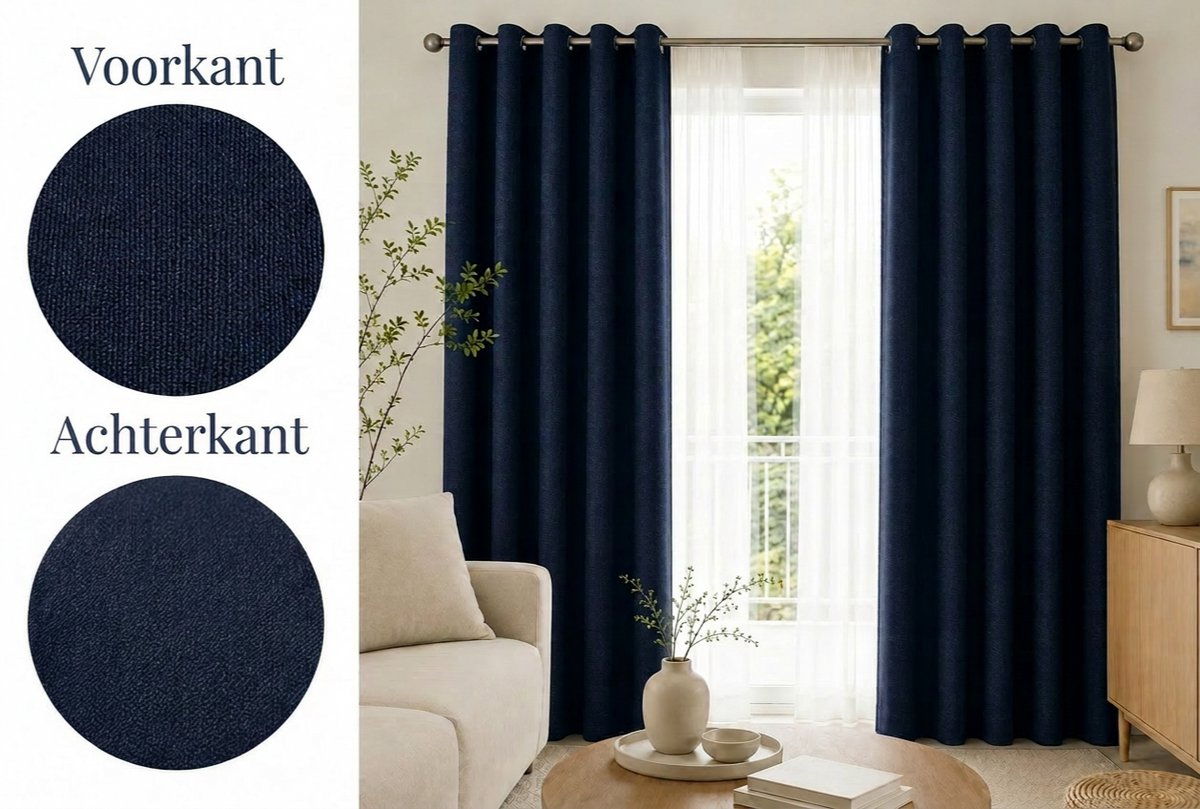 Kant-en-klare 100% Verduisterende Blackout & Thermische Gordijnen met Ringen – 140x240 CM – Blauw – Linnenlook – Everyday Elegance Elite Series