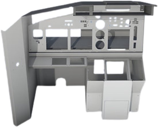 Console de cockpit grise avec divers panneaux d'instruments, boutons et cadrans, porte gauche ouverte.