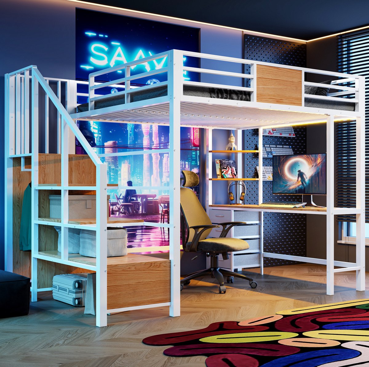 MEUNIQ Hoogslaper 140x200 met bureau, opbergruimte, kleerhanger, LED-verlichting en stekkerdoos, wit, voor slaapkamer of werkkamer