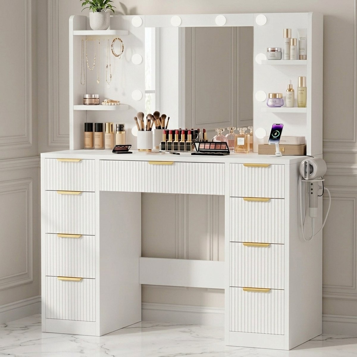 Luxe Make-uptafel met LED Spiegel, Stopcontact, 9 Laden en Föhnhouder – Moderne Witte Kaptafel voor Slaapkamer - Medahomestore