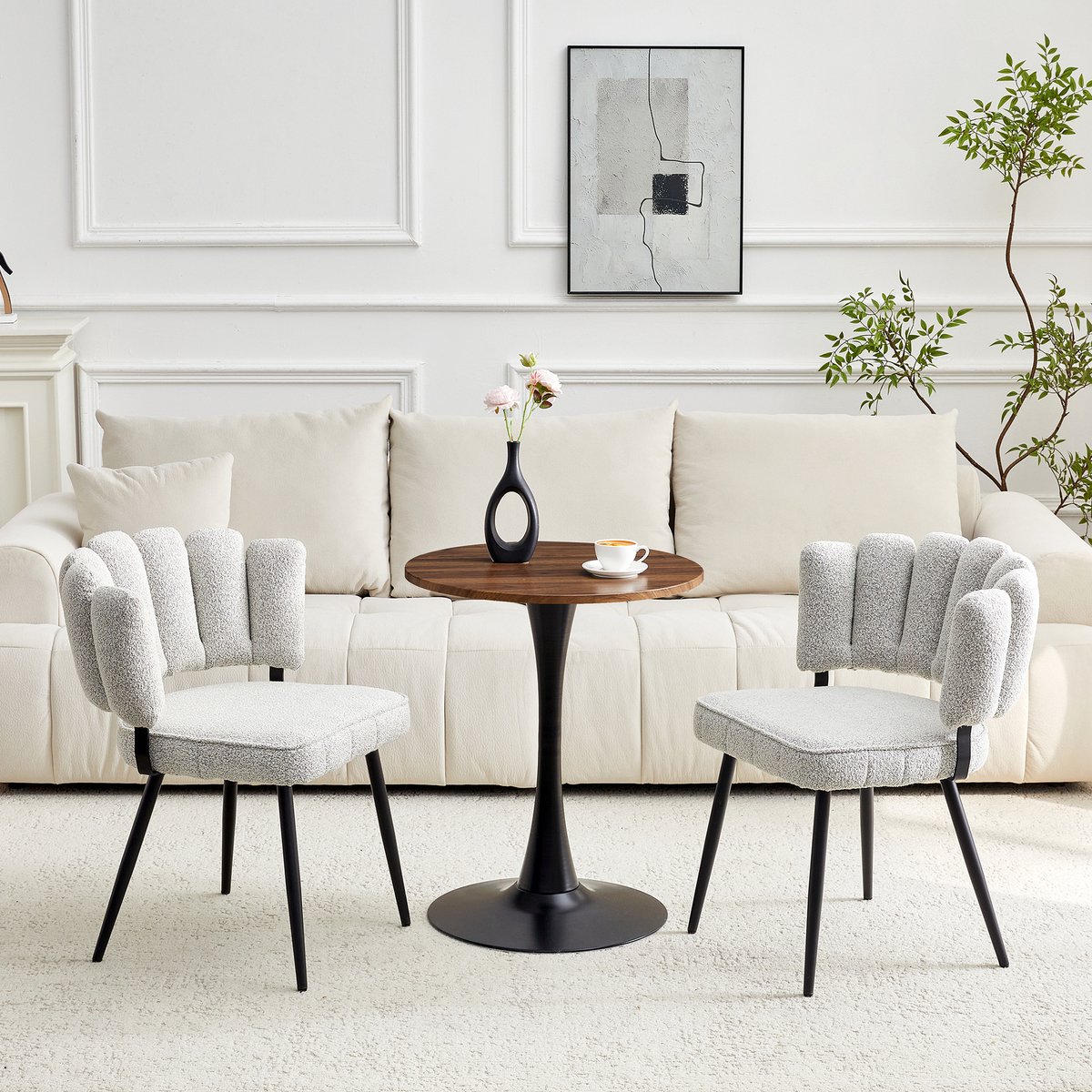 MODENUIT Tafel- en Stoelset 60 cm - Rond MDF Blad - Voor Eetkamer en Woonkamer - Stoffen Stoelen - Notenbruin en Zwart Walnoot En Zwart