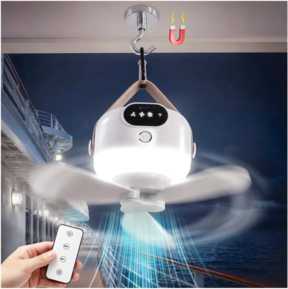 Plafondventilator - Draagbare reisventilator – Snoerloze mini-hangventilator – Stille werking met 3 snelheden – Ontwerp met magnetische haak – Ingebouwd ledlicht – Ideaal voor cruiseschepen， kamperen, tenten en auto's