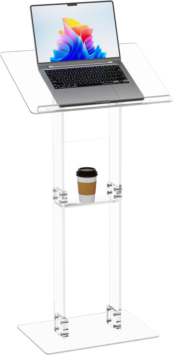Artloge Acryl Spreekgestoelte - Ergonomisch Presentatie Lessenaar met Hellend Blad, Opbergplank - Transparant - 115 cm