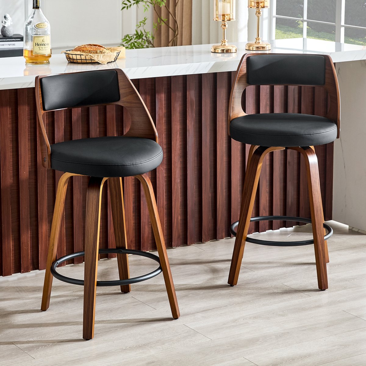 KOMHTOM - Set van 2 barkrukken - Rugleuning - Houten frame - PU-leer - Hoogte 92 cm - Alleen stoelen (zonder tafel)