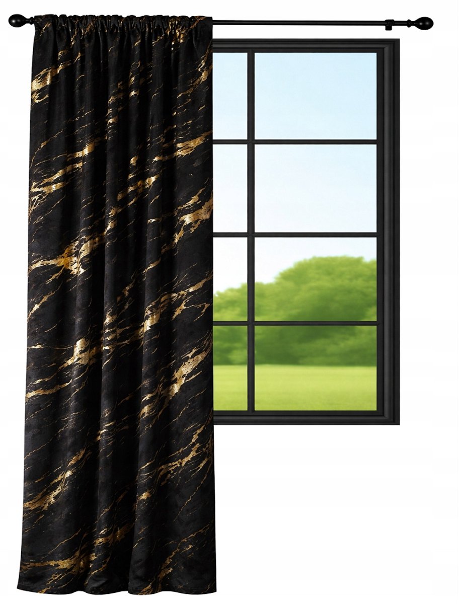 NOW-ART Luxe zwarte fluwelen gordijn met gouden marmerprint - 140x250 cm Zwart;Goud
