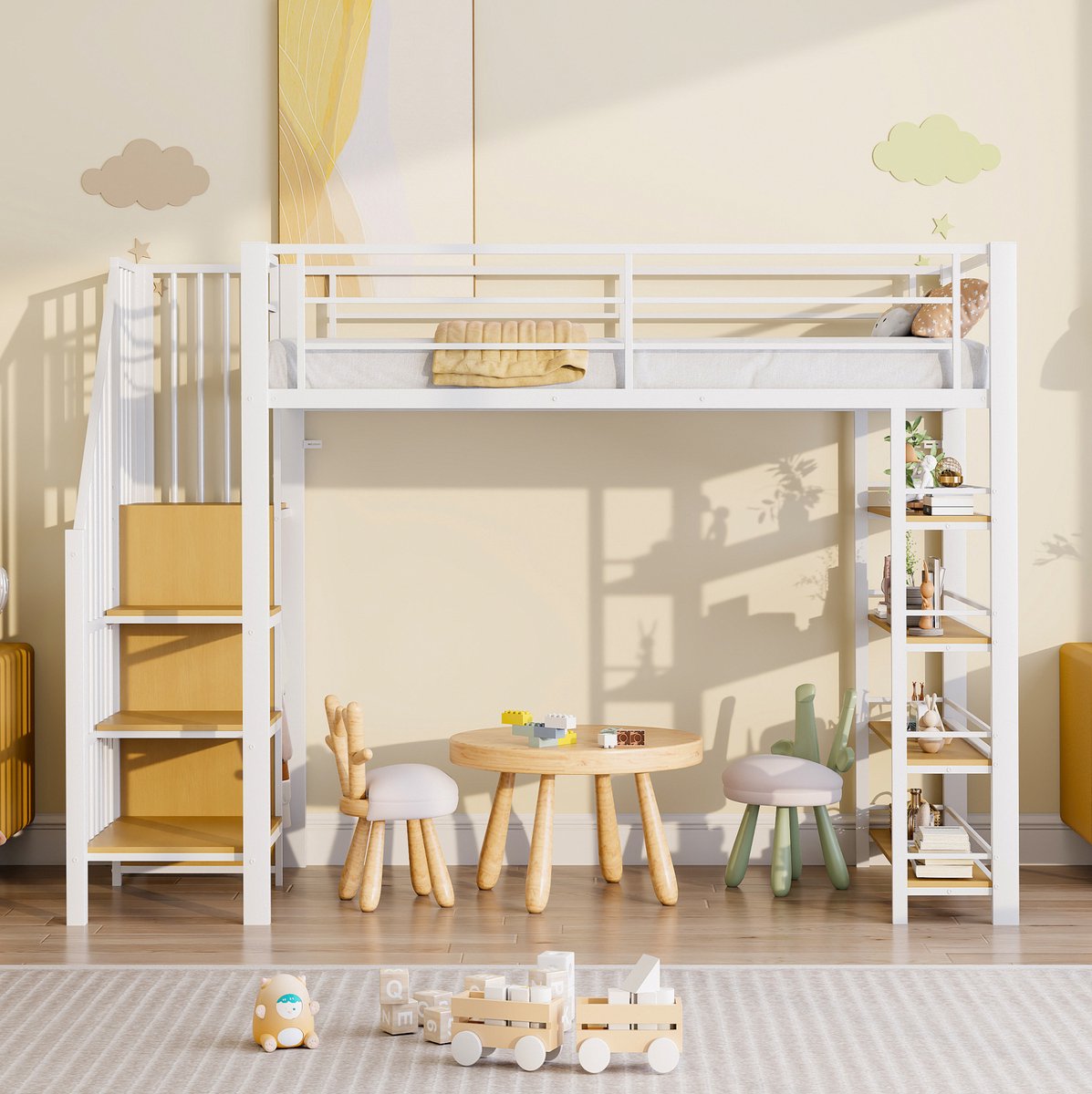 MEUNIQ Hoogslaper 90x200 cm met trap, opbergruimte, kleine kledingkast en hoge uitvalbeveiliging, voor kinderkamer, wit White