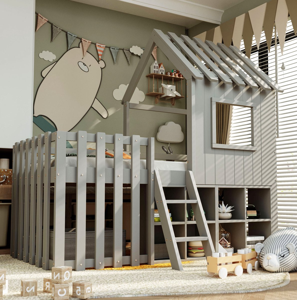 MEUNIQ kinderhoogslaper 90x200 cm met dak, raam, ladder en open opbergruimte voor de kinderkamer, grijs