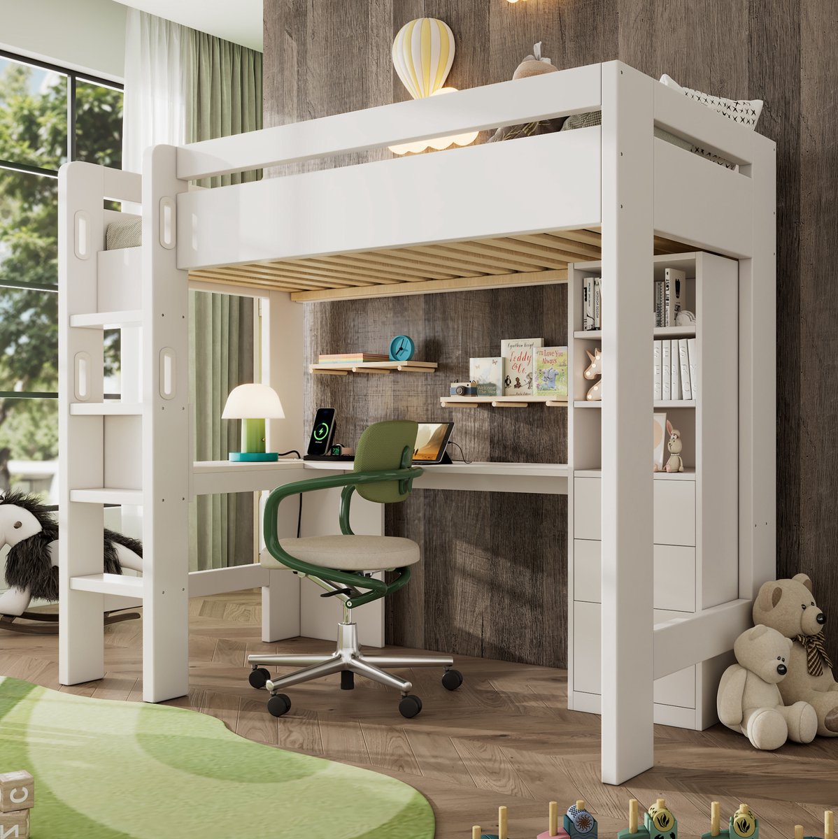 MEUNIQ Kinderhoogslaper met bureau en opbergruimte 90x200 cm, wit, met L-vormig bureau, open vakken, lades en ladder voor kinderkamer