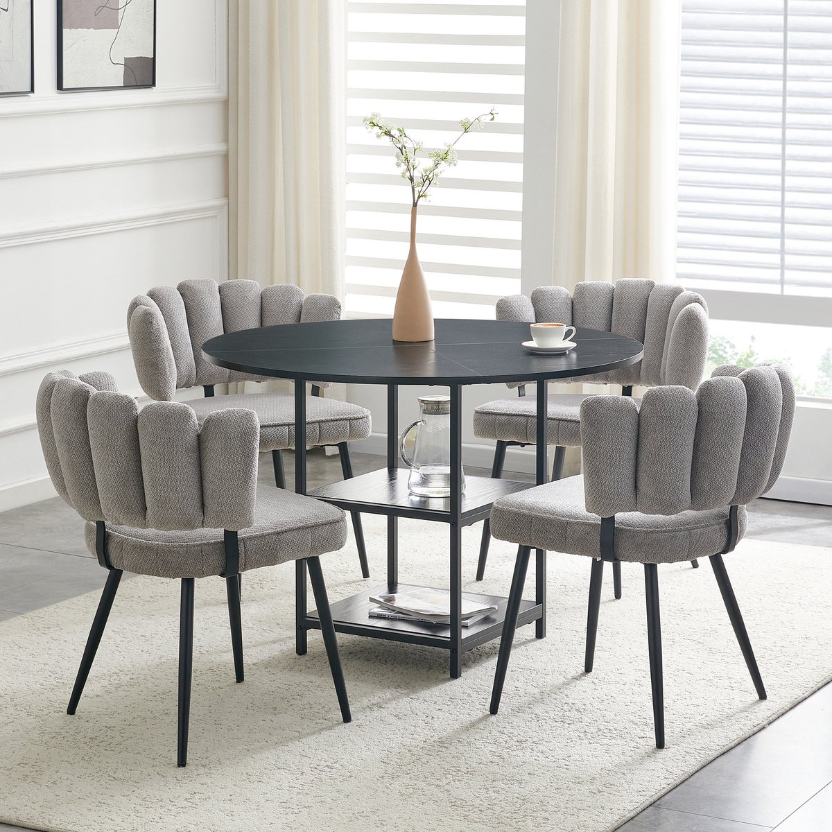 STILVORA Eettafelset - Ronde Tafel Met Dubbele Opbergniveaus En 4 Stoelen - Voor Kleine Ruimtes - Hout En Metaal - Zwart Grijs - 107x75 Cm